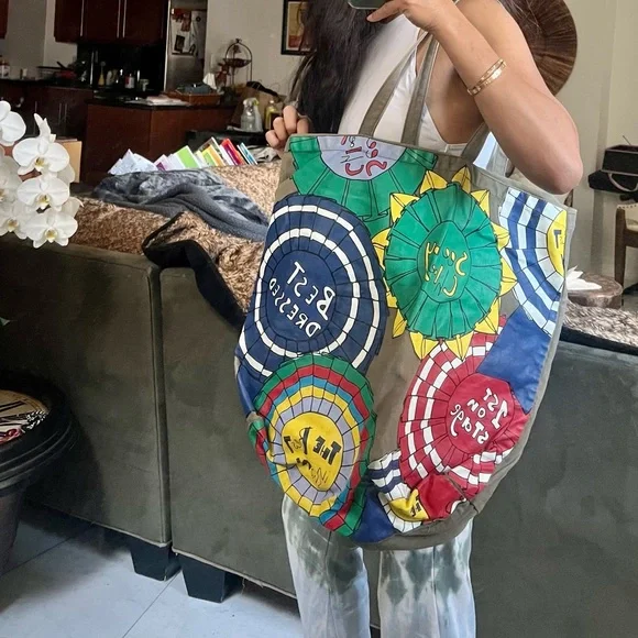 Vintage See By Chloe Large Green Canvas Painted Tote Bag - Picture 8 of 8